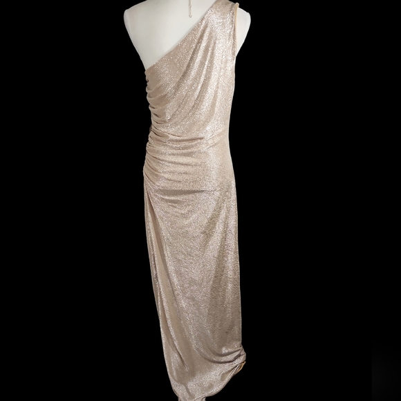 Calvin Klein One Shoulder Ruched Metallic Gown. 10 - Picture 7 of 16